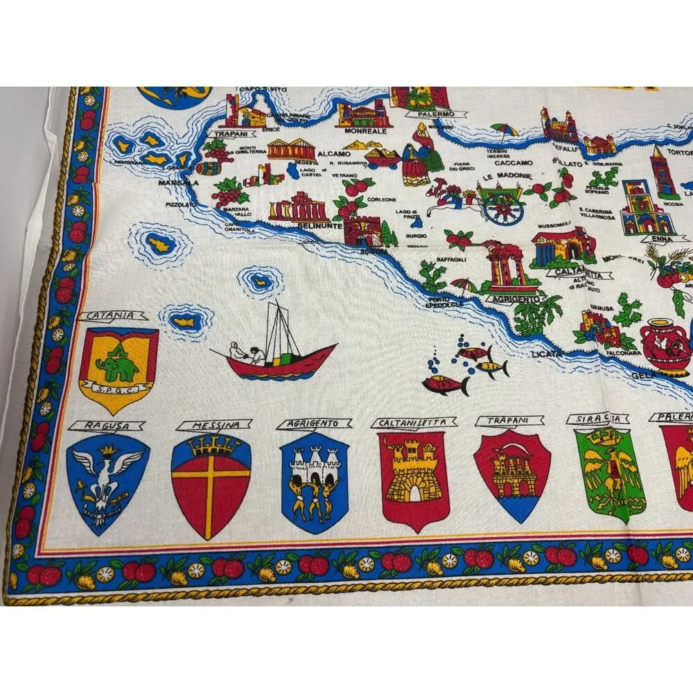 VTG SICILIA Sicily Cotton Tea Towel Dish Kitchen Towel Map Landmarks Crest 23x34